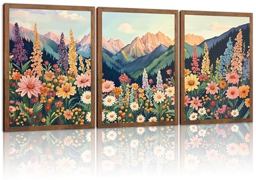 Boho Flower Landscape Wall Art Set of 3, Mountain Wildflower