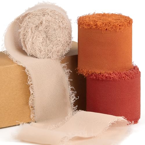 Fall Chiffon Ribbon 1.5 Inch x 21 Yards Rust Red/Khaki/Terracotta Handmade Fringe Chiffon Silk Ribbon for Gift Wrapping Wedding Invitations Bridal Bouquets Crafts Home Decor