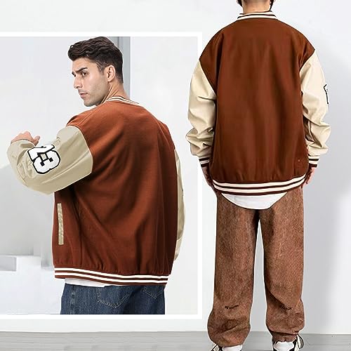 Image of Mens Varsity Jacket Baseball Bomber Jacket Vintage Unisex Streetwear Coats with Patchwork Hipster Utility Tops
