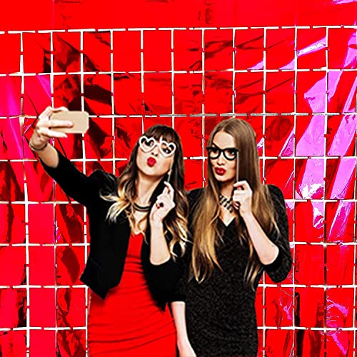 Image of AMFIN (Pack of 2) Square Foil Curtains for Birthday Decoration Photo Booth Props Backdrop Baby Shower Bachelorette Party Decorations (Red)