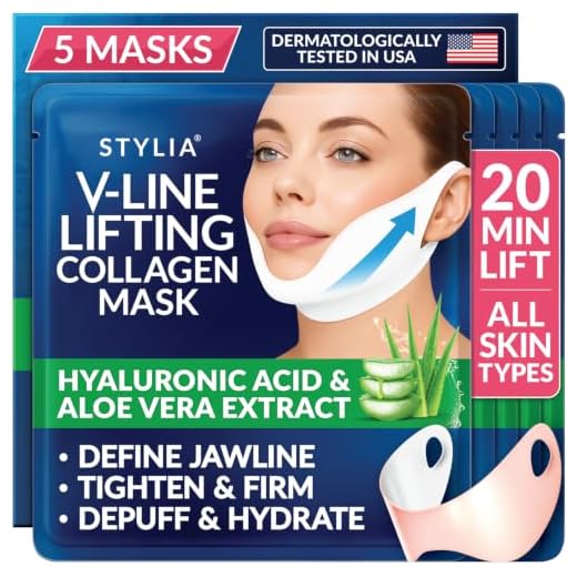 5 Piece V Line Shaping Face Masks - Lifting Hydrogel Collagen Mask with Aloe Vera - Anti-Aging and Anti-Wrinkle Band - Double Chin Toning Strap