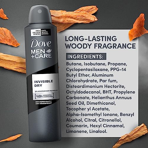 Image of Dove Men+Care Invisible Dry Spray Antiperspirant Deodorant, Up To 48 hrs Protection From Sweat & Odour, Instantly Dry for Cleaner Feel & Leaves No White Marks or Stain, Soothes & Moisturises Skin, Warm, Oriental Scent, 250ml (Pack of 3)