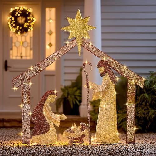 Hourleey Christmas Nativity Scene Decorations Outdoor, 6 FT Lighted Nativity Set with 250 Lights, Christmas Holy Family Yard Decoration for Indoor Holiday Party Garden Lawn Decor