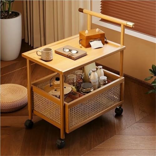 Moderno estante de almacenamiento de bambú con ruedas, mesa auxiliar móvil y estantería abierta, elegante solución de almacenamiento de ratán para sala de estar y todas las ocasiones