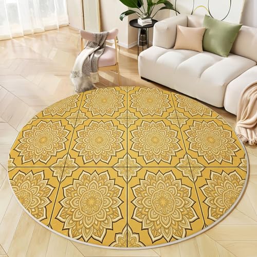 Tapis poils courts mandala jaune doré 200cm antidérapant