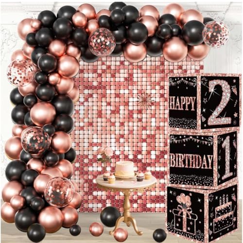 Rose Gold 21e verjaardag decoraties dozen voor meisjes - 3 stuks Happy 21e ballonnen dozen, 21 jaar oude feestbenodigdheden, geboortethema decoraties voor meisjes (21e)