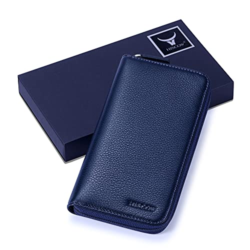 Image of HISCOW Leather Checkbook Cover, Zippered Wallet, Pebbled Blue | Full grain cowhide, 5cc & ID window, personal check book & register pockets, removable duplicate divider, women secure zipper
