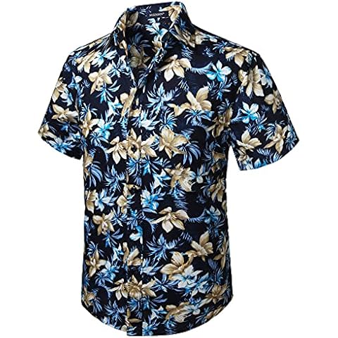HISDERN Hommes Funky Hawaïenne Floral Chemises A Manches Courtes Poche Avant Vacances Ete Aloha Imprime Plage Casual Bleu Marine Hawaii Chemise Cover