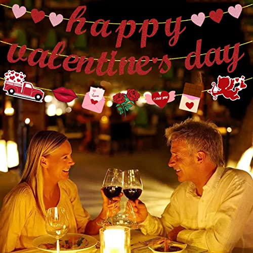 Image of FestikoHappy Valentines Day Banner with Heart Garland, Red Pink Glitter Valentines Banner, Valentines Day Decorations Garland for Fireplace Home Wedding Anniversary Party