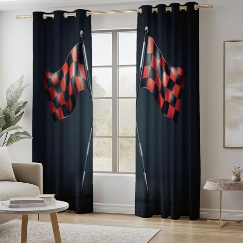 Blackout Curtains Bedroom Simple Style Racing Checkered Flag Pattern, Geo-Thermal Insulated Energy Efficiency Window Treatment Sets Grommet Drapes for Kids Room 52