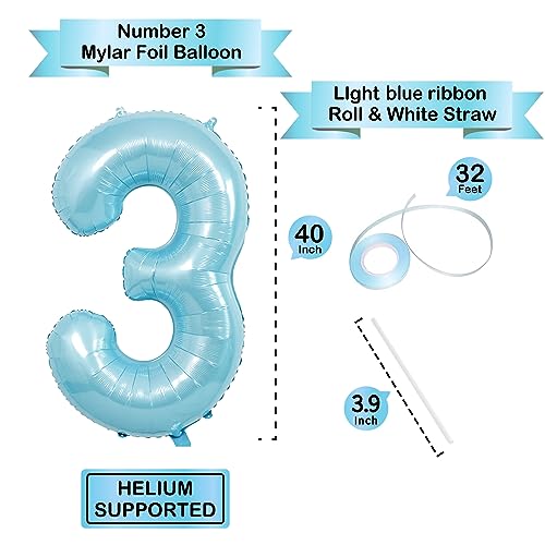 Image of 40 Inch Light Blue Number 3 Balloons - Helium Mylar Foil Number Balloons for Birthdays, Boy Baby Shower & Wedding Decorations