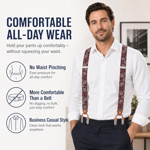 Image of Men's Heavy Duty Y-Back Suspenders, 6 Strong Metal Clips Adjustable Elastic Straps for Work, Tuxedos, and Daily Wear