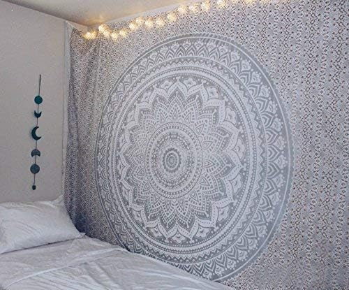 Tapestry Wall Hanging Gray Ombre Tapestry Mandala Tapestry Grey Bedding Mandala Tapestry Multi Color Indian Mandala Wall Art Hippie Wall Tapestry Hanging (54 X 60 inches, Grey White Ombre)