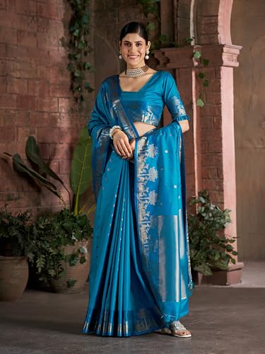 Image of MADHUHANSH Women's Cotton Silk Saree with Unstitched Blouse Piece Zari Weave and Floral Pattern | Heavy Embroidery Saree for Women | Interview Saree for Women | Readymade Blouse with Saree Set