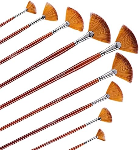 GACDR Fan Paint Brush Set of 9 Pcs, Professional Artist Acrylic Paint Brushes Set with Long Wood Handles Anti-Shedding Nylon Hair for Acrylic Watercolor Oil Painting,Rock Painting