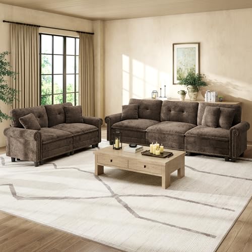 Image of HERA'S HOUSE Modular Sectional Sofa Set for Living Room 2-Piece Deep Seats | Mid-Century Modern 5-Seater Cloud Sofa Set, Grayish Brown, Rolled Arms & Nailhead Trim, Wider Seats, Chenille Furniture Set