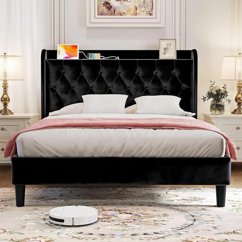 Image of koorlian Queen Bed Frame with Headboard, Adjustable Upholstered Platform Bed Frame with Type-C&USB Ports, Wingback Storage Headboard, Solid Wood Slats Support, No Box Spring Needed, Luxe Black