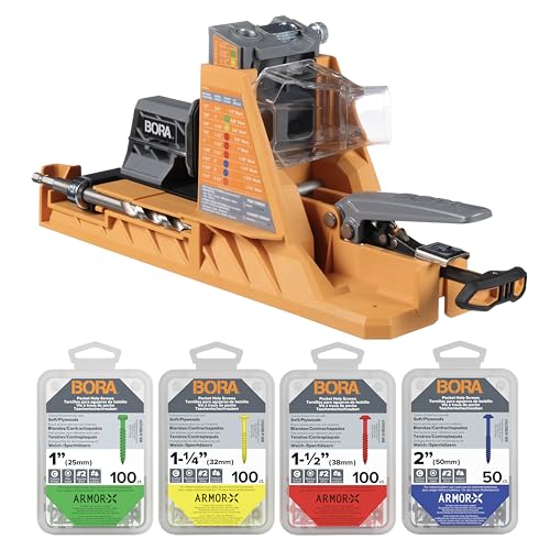 Image of BORA Automatic Pocket Hole Jig with 350 pc Pocket Hole Screw Set, Auto Adjusting Drill Guide, Pocket Hole Jig Kit for Woodworking - For Materials 1 /2 inch to 1-1 /2 inch Thick, Power Tool Accessory Jigs