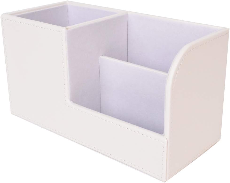 TECKE Home Office PU Leather Desk Organizer Multifunctional 3 Compartment Desktop Storage Box for Business Card, Pen, Pencil, Mobile Phone, Remote Control(White)