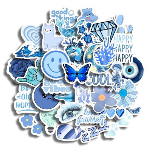 Image of 38Pcs Blue Aesthetic Vinyl Stickers - Blue Mood | Waterproof, Laminated, Reusable, Self-Adhesive Stickers for Laptop, Phone, Diary, Scrapbook, Journal, Gift Box, Aesthetic Room Decor
