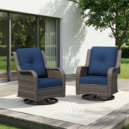 Image of Swivel Rocker Patio Chairs Set of 2 - Outdoor Wicker Patio Furniture Set 2 Pieces with Thickened Olefin Cushions, High Back and Deep Seating, Hand-Woven PE Rattan for Porch, Deck, Blue