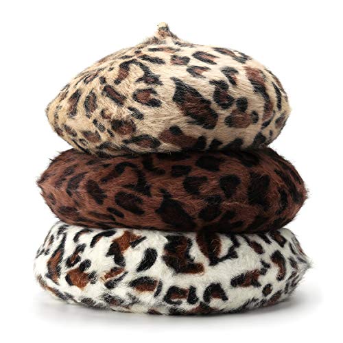 Ovida Women Leopard Print Beret Hat Wool French Beret Cap Winter Warm Beanie Hat(Camel) #TOP6