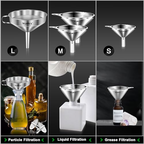 Stainless Steel Funnel, Walfos 4 Pack(4in、3 in、2.2 in、1.7in Kitchen Funnel with 2 Removable Strainer ＆ 1Pcs Cleaning Brush, Perfect for Transferring of Liquid, Oils, Jam, Dry Ingredients & Powder - Thumbnail 2