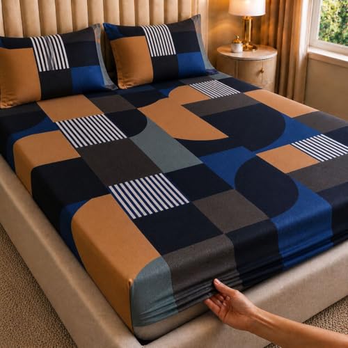 Image of Castiqa Elastic Fitted Supersoft Premium Brushed Cotton 200TC Double Bedsheets King Size 78x72 Inch with 2 Pillow Covers (Fits Upto Mattress of 10 Inches (Kr Check)