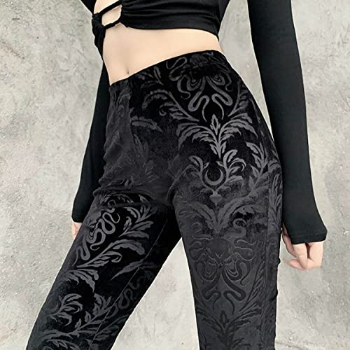 Women's Gothic Embossed Flare Pants Black Velvet Elastic Waist Bell Bottom Trousers3
