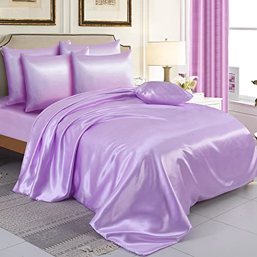ZIMEL HOMES Six Pieces Satin Bedding Sets Duvet Cover, Fitted Sheet, 4 Pillow cases, Lilac, Double