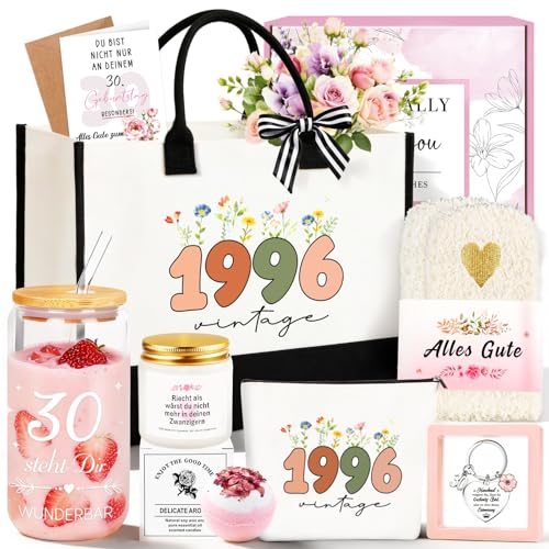 TUZELIYA 30 Geburtstag Frauen 8tlg. Geburtstagsgeschenk für frauen mit Vintage 1996 Canvas Einkaufstasche 30. Geburtstag Geschenkset mit Grußkarte für Mama Ehefrau Freundin Kollegin Schwester