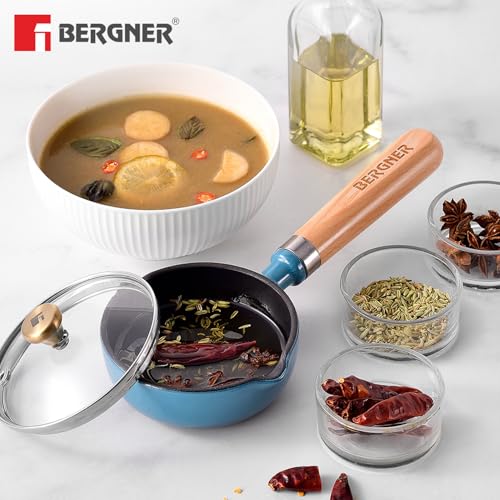 Image of BERGNER Excalibur Lightweight Cast Iron Tadka Pan with Lid 12cm, Non-Stick Vaghar Pan, PFAS Free, Perfect Heat Distribution, Elegant Design, Silicone Grips - Induction and Gas Stove Ready (Blue)