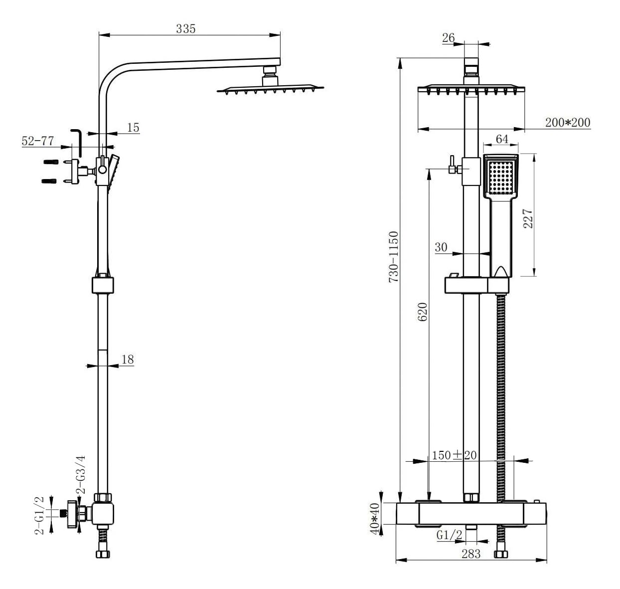 AICA Colonna Doccia con Miscelatore, Saliscendi Doccia Altezza Regolabile 80cm-120cm, Colonna Doccia con Soffione e Doccetta Quadrata 22x6.4cm, Miscelatore Termostatico Doccia in Acciaio Inox Nero