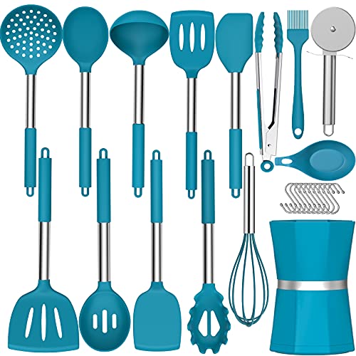 Image of Silicone Cooking Kitchen Utensil Set, Umite Chef 34pcs Heat Resistant Kitchen Utensils with Holder, Kitchen Spatula Set with Wooden Handle, Kitchen Gadget Tools for Nonstick cookware (Blue)