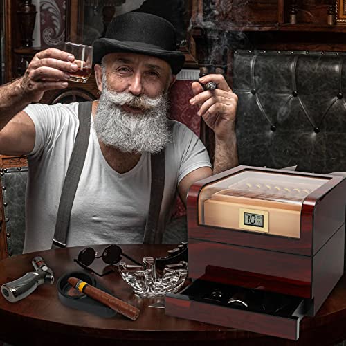 Kavine Cigar Humidors, Top Handcrafted Spanish Cedar Humidor Cigar Box With Bulit In Digital Hygrometer, Humidifier, And Accessory Drawer-3 Wooden Shelves Hold 55-85 Cigars #TOP5
