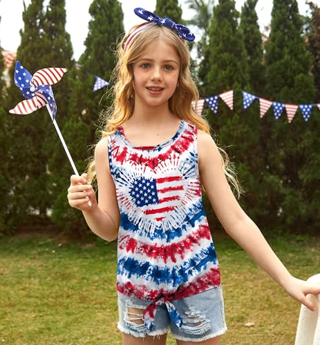 Image of July 4th Girls Patriotic Sleeveless Tie Knot Front Tank Top Stars Stripes Tee Shirt 4-14 Years