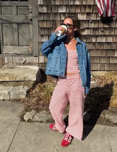 Image of Women's Striped Two Piece Sets Cropped Tube Top and Wide Leg Pants Lounge Matching set with Pockets