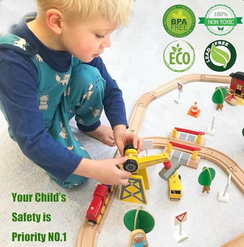 Tiny Land 55PCS Wooden Train Set, Compatible with Major Brand Tracks, Educational Toy for Toddlers & Kids Ages 3-7 - Image 3