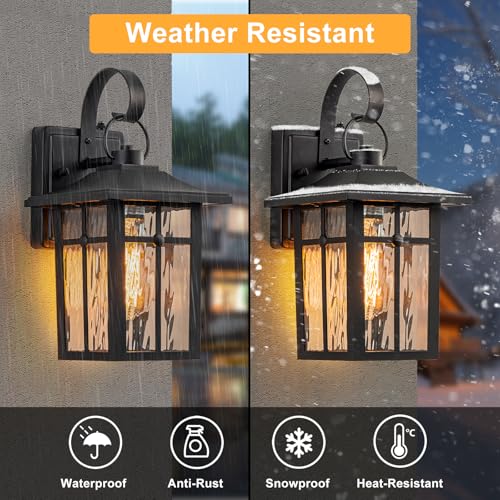 Image of 2 Pack Dusk to Dawn Outdoor Wall Lights, Black | Aluminum Exterior Light Fixtures Wall Mount, Ripple Glass, Waterproof Porch Lights, For Entryway, Garage, Patio