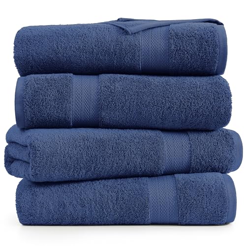 Image of LANE LINEN Bath Towels 4 Pack (28 inchx54 inch) - 100% Ring Spun Cotton Towels Set for Bathroom - Durable, Quick Dry, Soft & Highly Absorbent Long Lasting Bath Towel Set - Dorm Essentials for Boys - Navy Blue