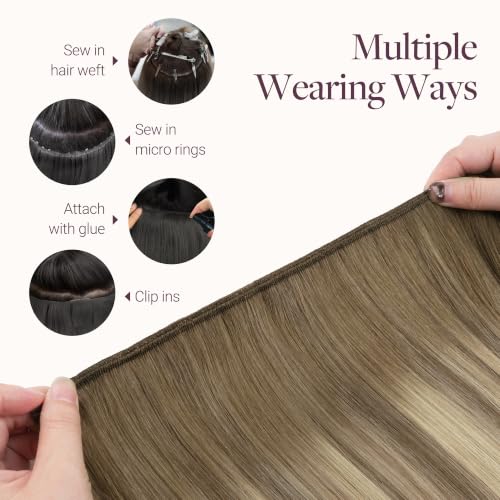 Image of GOO GOO Sew in Hair Extensions Real Human Hair, Weft Hair Extensions Human Hair, #8E /61 /8E Caramel Latte Mocha with Ash Blonde Highlights 20 Inch 100g, Weft Bundles Straight Silky Remy Hair