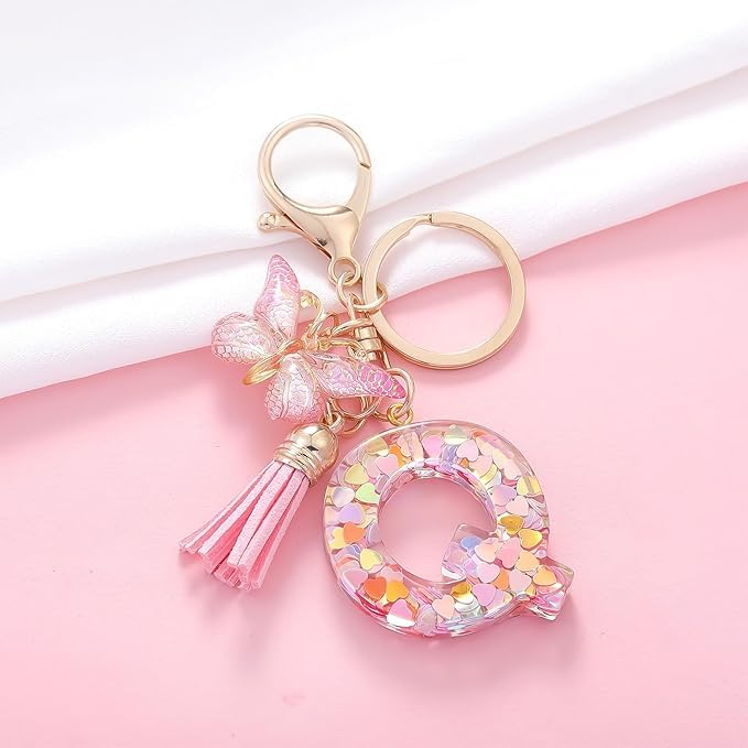 Image of GEOCARTER Lightweight Fashion Initial Letter Key Ring with Butterfly Pendant & Tassel, Stylish Purse Charm for Handbags, Car Keys, Gifts for Girls & Women