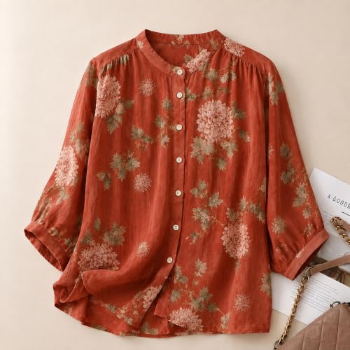 Image of Gufrina Women's Light Rose Floral Printed Button Down Shirt with Mandarin Collar and Relaxed Fit 3 /4 Sleeves