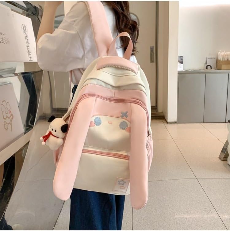 Cute Bunny Ear Backpack for Teen Girls Women Daypack for School Travel Work Casual Bookbag with Cute Pendant (Pink) - Image 3