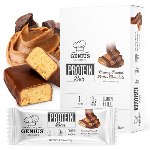 Genius Gourmet Protein Bar, Chocolate Peanut Butter, Keto Snack, Low Carb, Low Sugar & Gluten Free, Protein Snacks for Adults, 10G of Whey Protein per Protein Bar, 5 Net Carbs, 10 Count