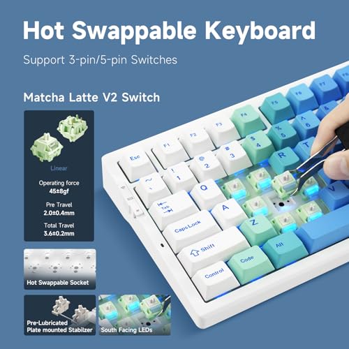 Image of MCHOSE G75 PRO 75% Wireless Mechanical Keyboard, TKL Keyboards Tri-Mode BT5.0 /2.4GHz /USB-C, Hot Swap Custom Creamy Keyboards Linear Switch, Double Shot PBT Keycaps RGB LED Backlit, White&Blue