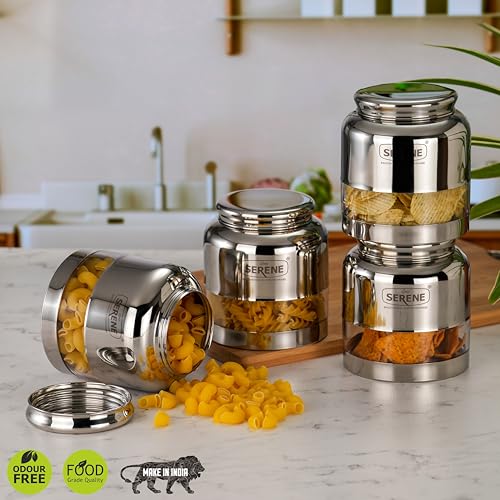 Image of Serene Stainless Steel Exotic See-Through Jar | Airtight Jars for Kitchen Storage | Premium Steel Jars with One Turn Lock Lid | Transparent Stainless Steel Containers | 1000ML | 4 PC