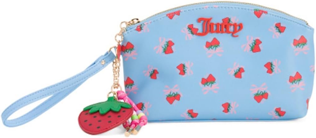 Juicy Couture Retro Sweet Strawberry Print Medium Pouch Wristlet, Green Multi, 8.5x6x3 Inch