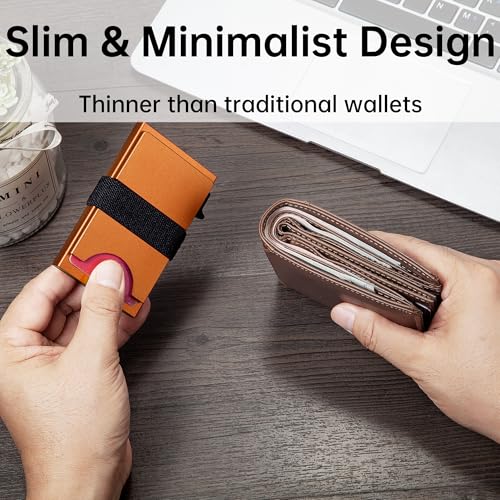 Image of Card Holder Wallets for Men | Slim Aluminum Wallet | RFID Blocking Minimalist Metal Pop Up Wallet | Money Clip & Cash Band | Expandable Compact Plate | Men's Accessories & Gifts for Men,Orange