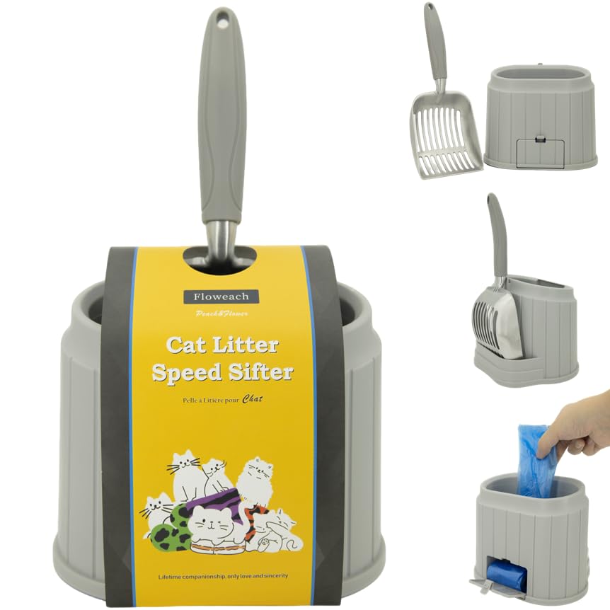 Floweach Heavy-Duty Cat Litter Scoop with Holder&Litter Bags Metal Cat Scooper with Bags Aluminum Kitty Poop Sifting Shovel Captures All Clumps Speed Sifter Litter Box Scooper with Cats Caddy